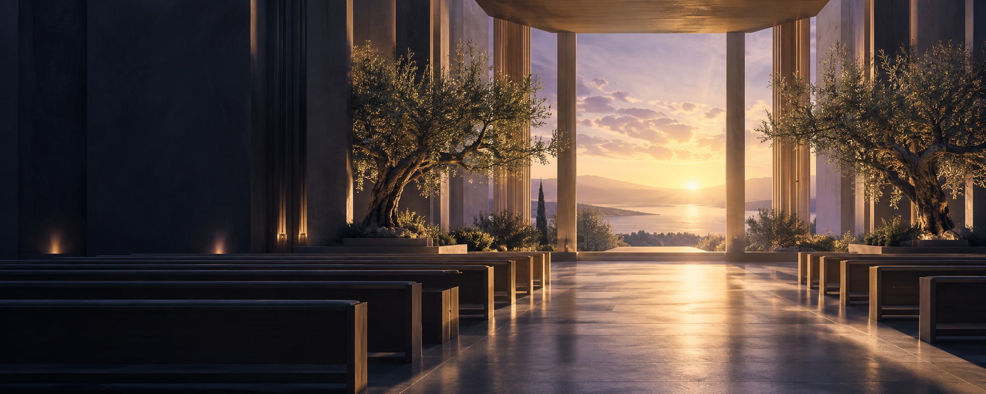 Espacio de adoración contemporáneo iluminado por el amanecer y enmarcado por olivos